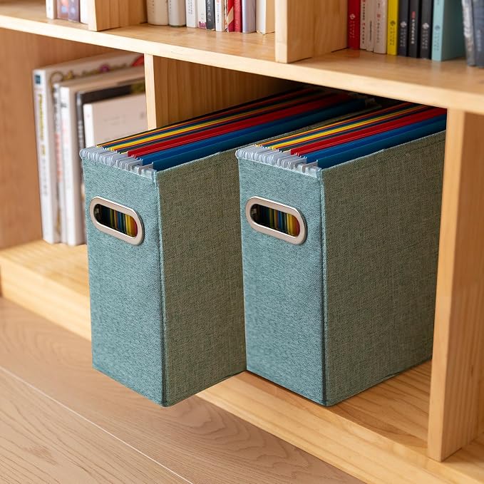 2 Packs Letter Size File Organizer, File Folders Organizer, Fabric Storage Box, Collapsible Paper Organizer with Metal Handle, Smooth PVC Rails, Only Box (Green)