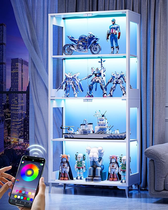Display Cabinet with Glass Doors, 4-Tier Curio Cabinet, Adjustable Shelves, 60,000 Color Lights for Collectibles, Glass Display Case with App & Remote Control, Bookcase, Storage Cabinet, White