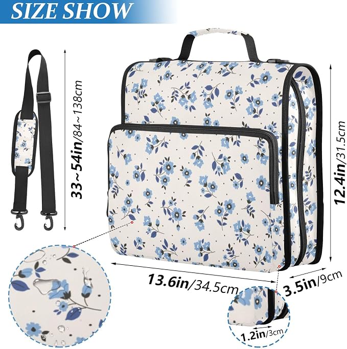 Fisyme Floral Blue Flowers Zipper Binder 3 Ring with Zipper and Shoulder Strap Large Capacity Multi-Pocket Zipper Binder Organizer
