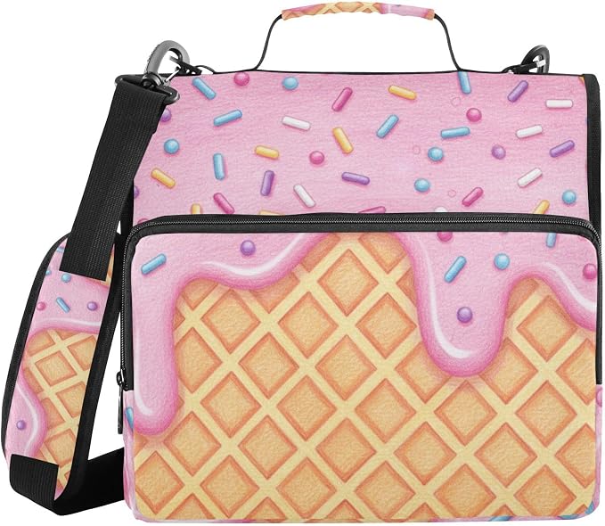 ALAZA Zipper Binder 3 Ring Pink Ice Cream of Waffles Binder Organizer with Zipper and Shoulder Strap Large Capacity Multi-Pocket Trapper Keeper File Folder for Office Supplies