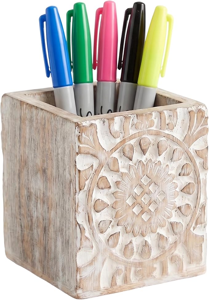 Serena Mango Wood Pen Holder - Whitewash, 4x3.5 in | Cute wooden pencil cup layout curated specifically to provide quick home desk organization and rustic office decor styling.