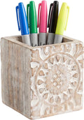 Serena Mango Wood Pen Holder - Whitewash, 4x3.5 in | Cute wooden pencil cup layout curated specifically to provide quick home desk organization and rustic office decor styling.