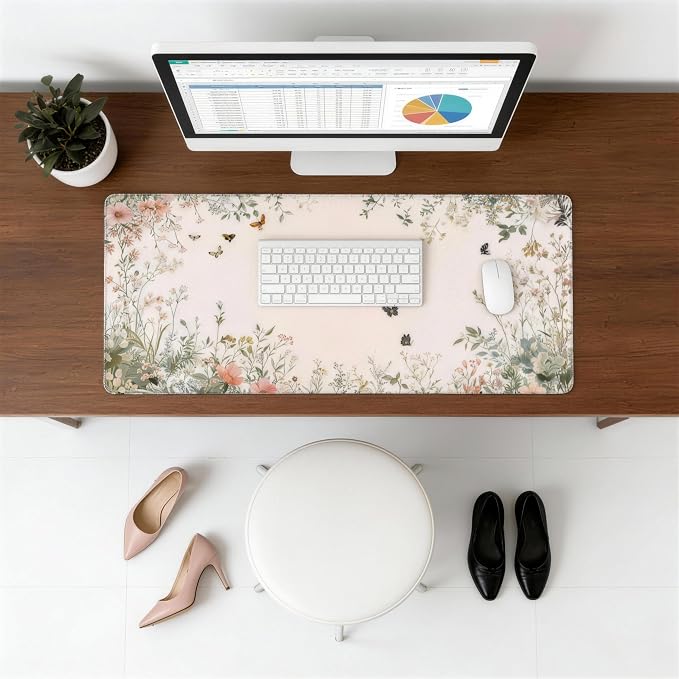 Cute Floral Aesthetic Wildflower Gaming Mouse Pad, Pink Macaron Desk Mat with Anti-Slip Base & Stitched Edges, Office & Home Desk Decor for Women, 35.4" x 15.7" in Computer Desktop Mat