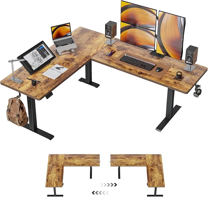 FEZIBO 75" x 63"L Shaped Standing Desk Adjustable Height, Electric Stand up Corner Computer Desk, Sit Stand Home Office Desk with Splice Board, Rustic Brown