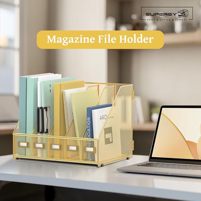 Desk Organizers Metal Desk Magazine File Holder with 5 Vertical Compartments Rack File Organizer for Office Desktop, Classroom, Home Workspace, Gold