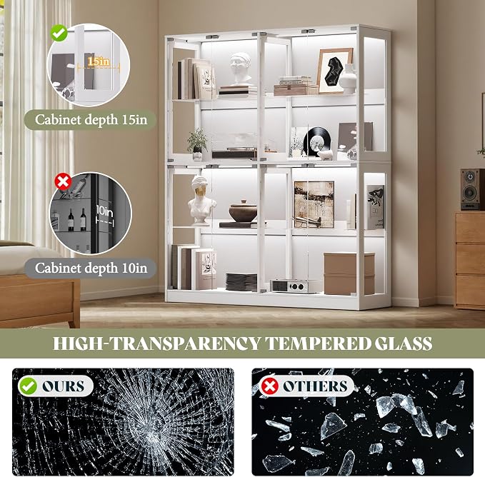 AMERLIFE 60-Inch RGB Display Cabinet with Glass Shelves | 70 H x 60 W x 16 D In, 4-Tier Storage, RGB LED Lights, Press-to-Open Doors, for Collectibles, White
