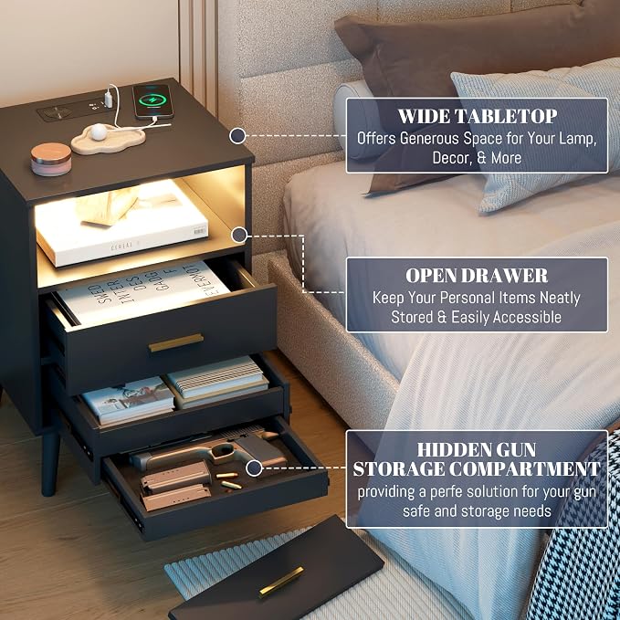 Black Bedroom Nightstand with Charging Station and LED Lights, Modern Bedside Table with Hidded Drawer, Smart Night Stand with Open Storage Shelf, USB Port, Metal Legs