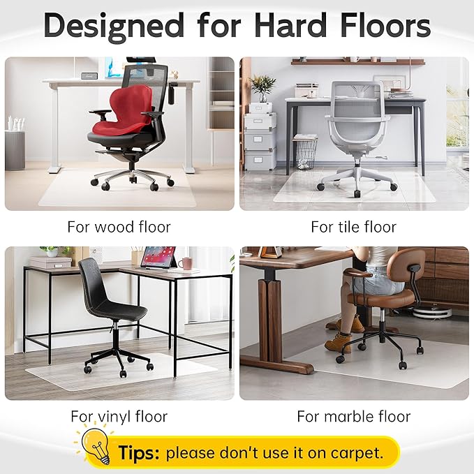 HOMEK Crystal Clear Chair Mat for Hardwood Floor, 48” x 36” Office Chair Mat for Hard Floors, 1/8” Thick Office Mat for Rolling Chairs