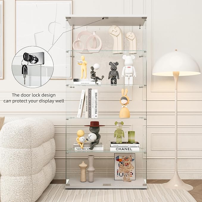 FLYMUHJIA Curio Cabinets with Tempered Glass Doors - 5-Shelf Double Door China Cabinet for Display and Collectibles - White