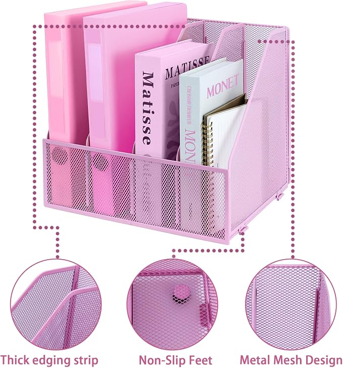 Desk Organizers, Metal Magazine File Holder with 4 Vertical Compartments Rack Binder File Organizer for Office Supplies, Home Workspace - Pink
