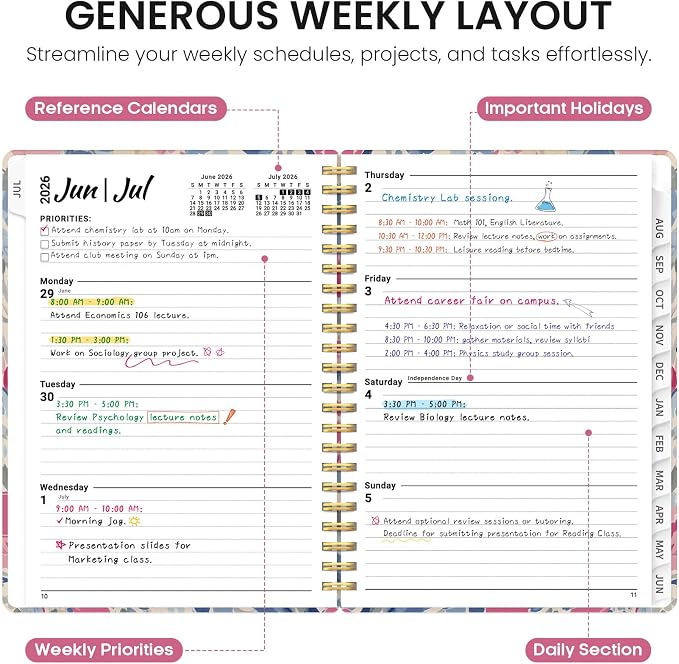 Taja Planner 2026-2027, Jul 2026-Jun 2027 Monthly & Weekly Calendar Planner | 6.3" x 8.5", Hardcover Academic Calendar, Teacher Student Agenda Book with Tabs, School Office Supplies, Soft Blossoms