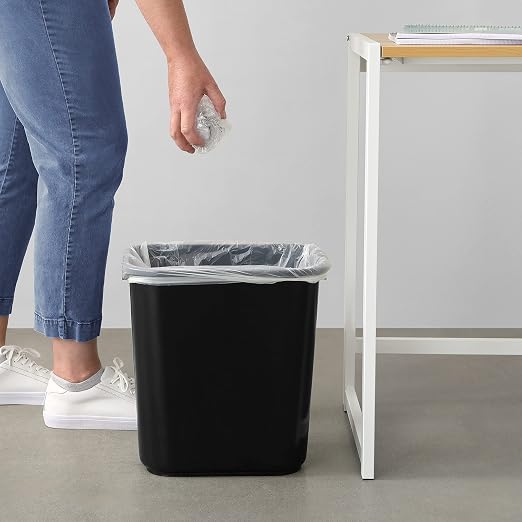 Amazon Basics Rectangular Plastic Office Wastebasket,14.4"L x 10.3"W x 15"H, 7 Gallon, Easy to Clean, Black, Pack of 2