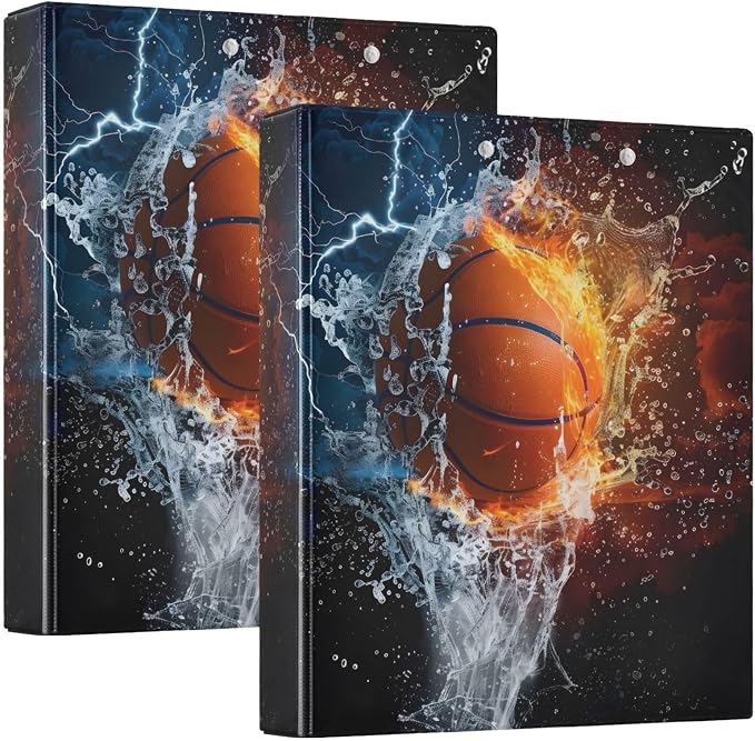 ALAZA 3 Ring Binder Basketball Water and Fire Ball Clipboard Round Ring Binder Holds 1.5 Inch Three Rings Binder Heavy Duty Binders for School Office Supplies, 1Pack