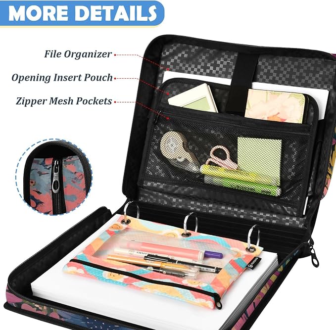 Cute Cat Zipper Binder File Organizer Bag 3 D-Ring | with Shoulder Strap, Holds 500 Sheets & 14in Laptop, 3 Ring Binder for Office Supplies