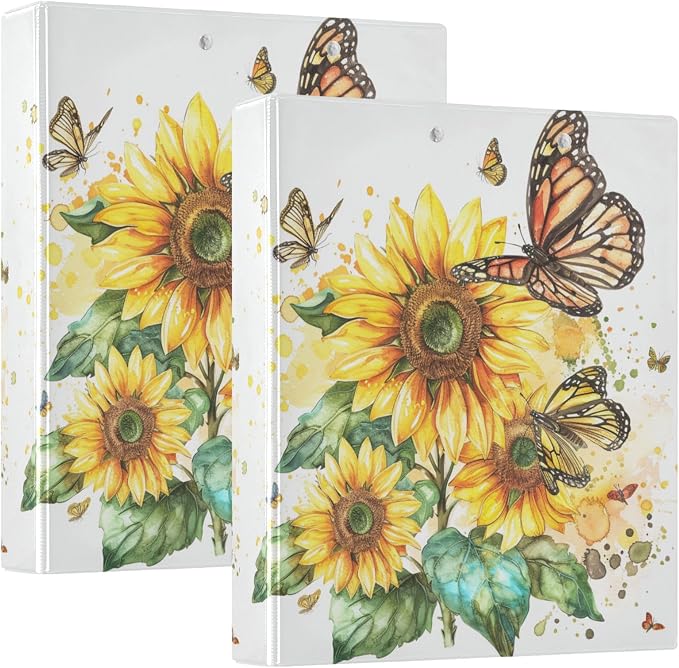 JIPONI 3 Ring Binder Sunflowers & Butterflies 1 Inch Round Binders for Men Women Students, Cute File Organizer for Office Home School