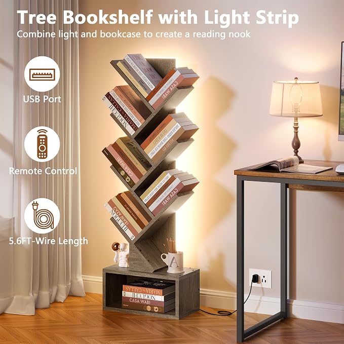 Hoctieon 6 Tier Tree Bookshelf, Tall Bookcase, Freestanding Book Shelf with LED Lights, Display Floor Standing Storage Shelf, Book Organizer Shelves for Home Office, Living Room, Greige