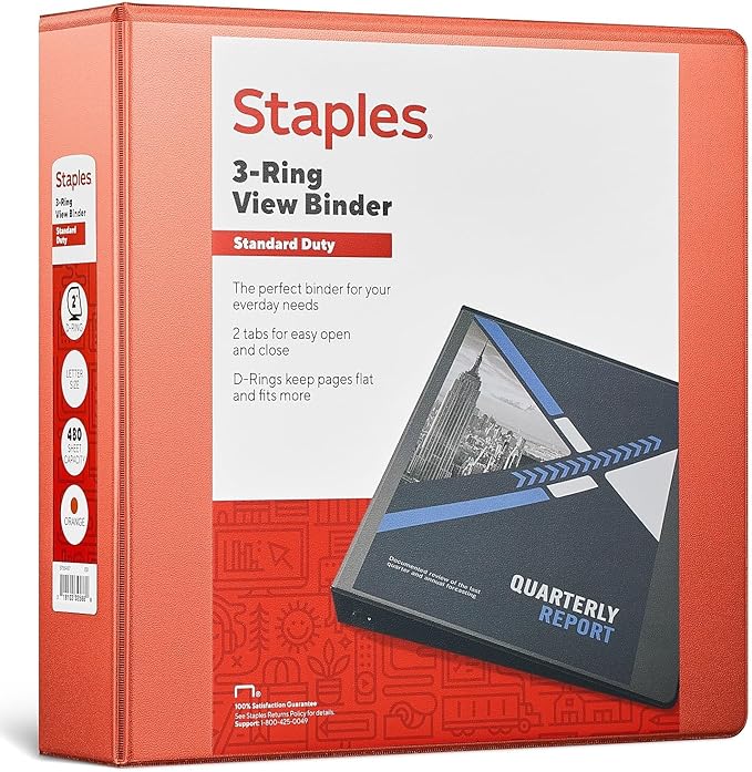 Staples Standard 2-Inch 3-Ring View Binder, Orange, 450 Sheets | Durable binder for office and school document organization and storage.