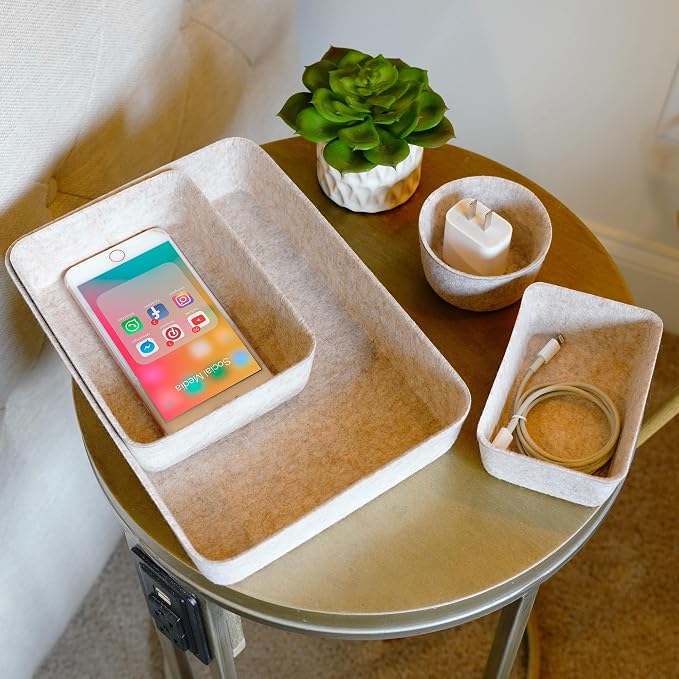 7pc Scandinavian Felt Desk Drawer Organizer Oatmeal Catchall Tray | Sustainable material soft yet sturdy,multi-purpose storage, sleek minimalist lifestyle