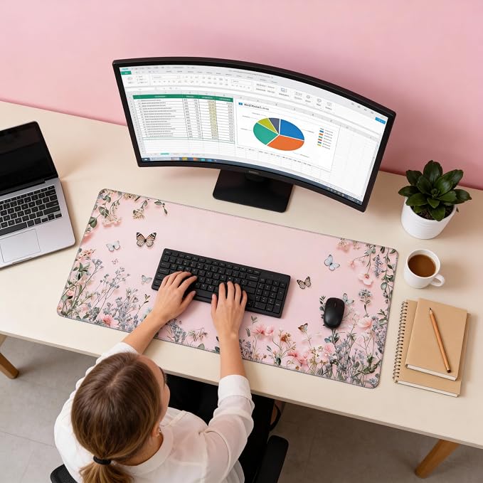 Cute Floral Aesthetic Wildflower Large Mouse Pad, Pink Macaron Desk Mat with Anti-Slip Base & Stitched Edges, Computer Keyboard & Laptop Pad, 35.4" x 15.7" in in Workstation Accessories