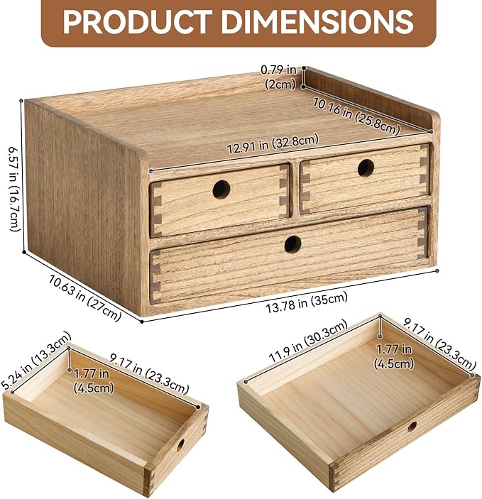 KIRIGEN Wooden Desk Organizer with 3 Drawers and Top Shelf Brown DT2D3C-DBR | 3-Drawer Cabinet with Top Shelf Stores Papers, Office Supplies, Cosmetics, Crafts, and Small Accessories on Desks or Counters