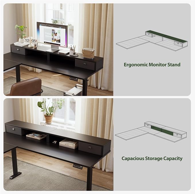 Agilestic 63 Inch L Shaped Electric Standing Desk with Drawer, Black | 2 Stroage Drawers, Monitor Shelf, Corner Desk, Ample Workspace, Memory Presets, Hooks, Stable Steel Frame,176 lbs
