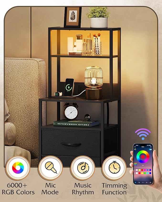 WLIVE Tall Nightstand with Charging Station, LED Night Stand with 4 Drawers and Storage Open Shelves, Fabric Dresser for Bedroom, Office, Black
