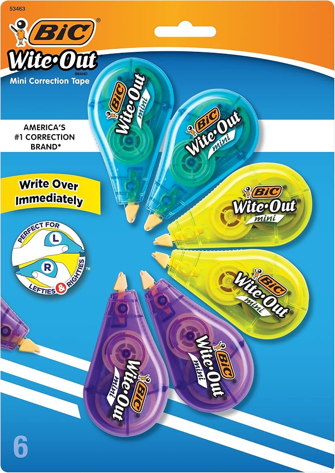 BIC Wite-Out Mini Correction Tape, White, No Dry Time, 6-Count Pack | 19.6 Feet of Coverage Per Dispenser, Tear-Resistant for Clean Corrections, Long Lasting and Applies Dry