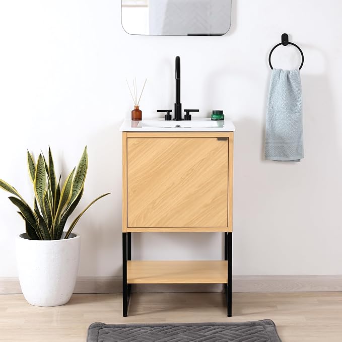 JONATHAN Y Juhl 20" Chevron Freestanding Bathroom Vanity Cabinet, Oak | Modern Minimalist Design, 18" Deep 33" Tall, Soft-Close Door, Interior And Open Shelves, Sink Not Included