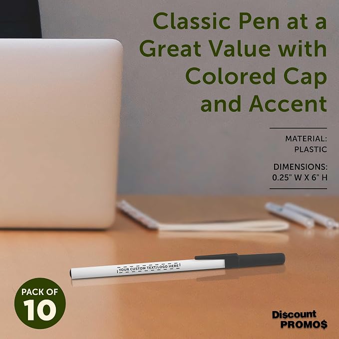DISCOUNT PROMOS Custom Value Stick Pens Set of 10, Personalized Bulk Pack - Blue Ink, Great for Office, School, Business, Tradeshows, Events - Black Cap