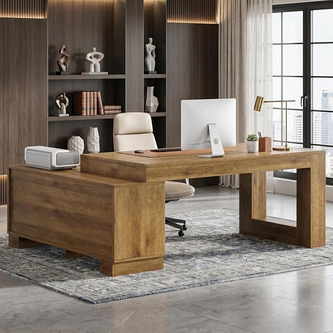 LITTLE TREE L Shaped Executive Desk, Large 63" Executive Desk with File Cabinet, Modern L Shaped Desk, Corner Computer Desk for Home Office & Business Furniture Workstation, Brown