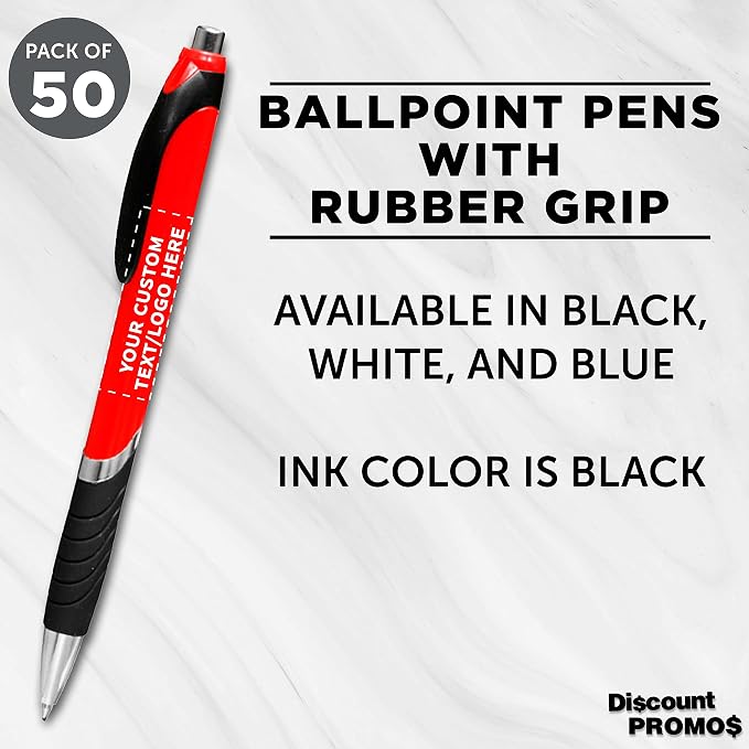 DISCOUNT PROMOS Ballpoint Pens With Rubber Grip - 50 pack - Customizable Text, Logo - Black Ink Ball Point Pen with Soft Touch Plastic - Red
