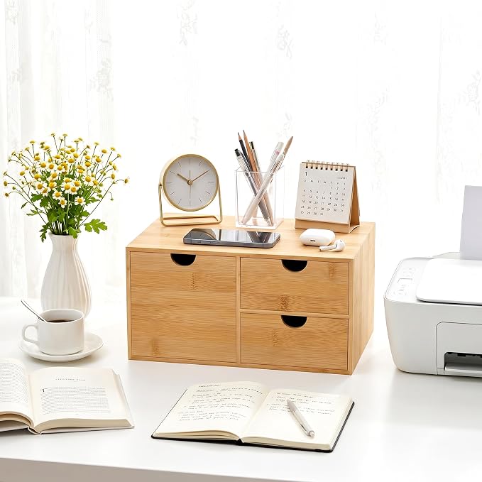 Bamboo Desk Organizer with Drawers, Desktop Storage Box for Office Supplies | 3 Drawers Desktop organizer, No Assembly Required, Natural Wood Wooden Desktop Drawers for Bills, Cosmetics, Seals, Paper
