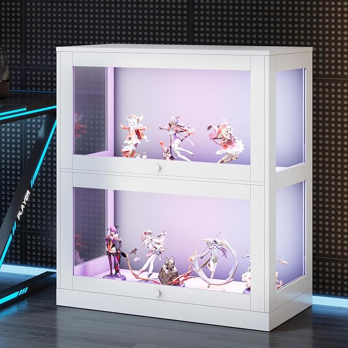 AMERLIFE RGB Display Cabinet, 32 x 16 x 36 Inch | 2-Tier Storage Case with LED Lights and 2 Glass Flip-Up Doors, White