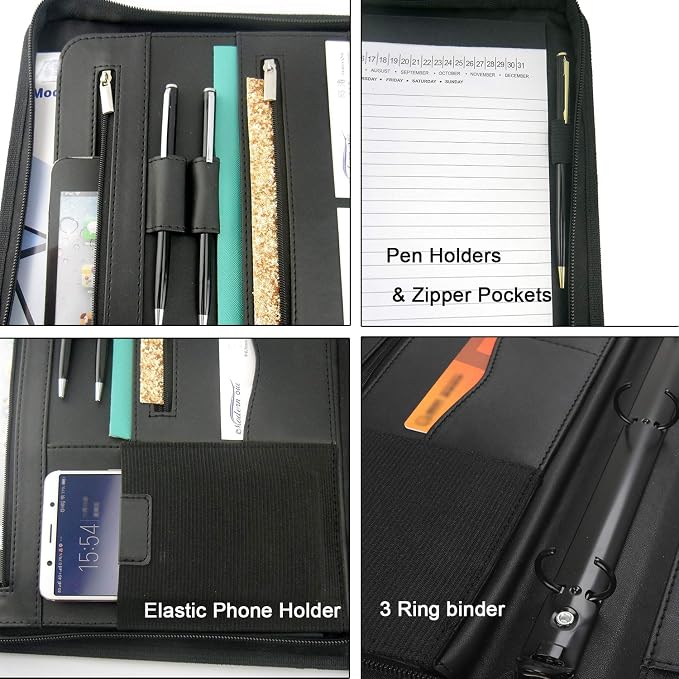 Portfolio 3-Ring Binder Organizer with Handle Zippered Padfolio Writing Pad Legal Size Notebook Business Folder Resume Interview for Men Women, Black