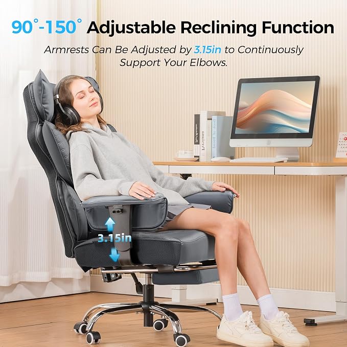 COMHOMA Big and Tall Office Chair Heavy Duty Wide Ergonomic Gaming Chair with Deluxe Embossing Designed Leather with Foot Rest,150°Reclining Adjustable Armrests Pocket Spring Back Support and Pillow
