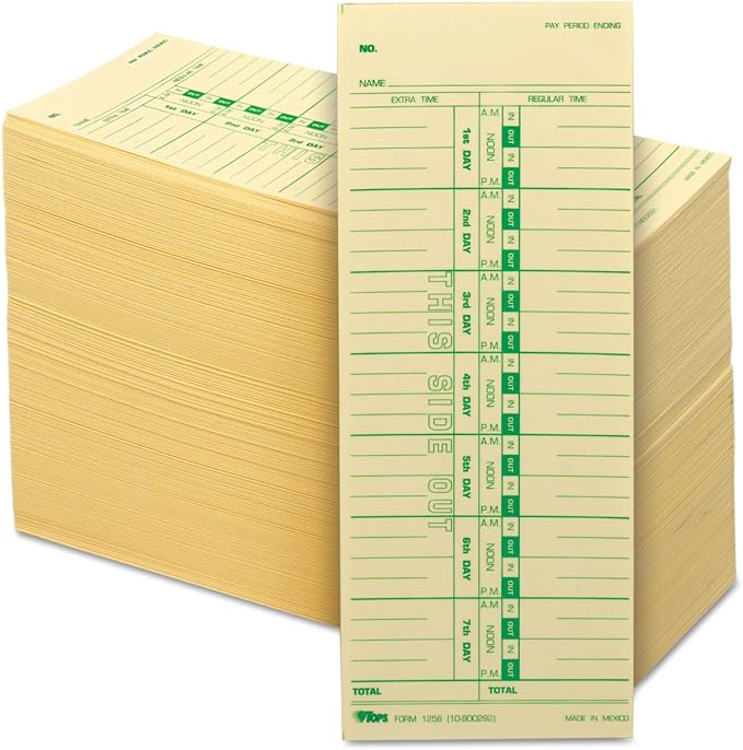TOPS Time Cards, Weekly, 1-Sided, Numbered Days, 3-1/2" x 9", Manila, Green Print, 500-Count (1256)
