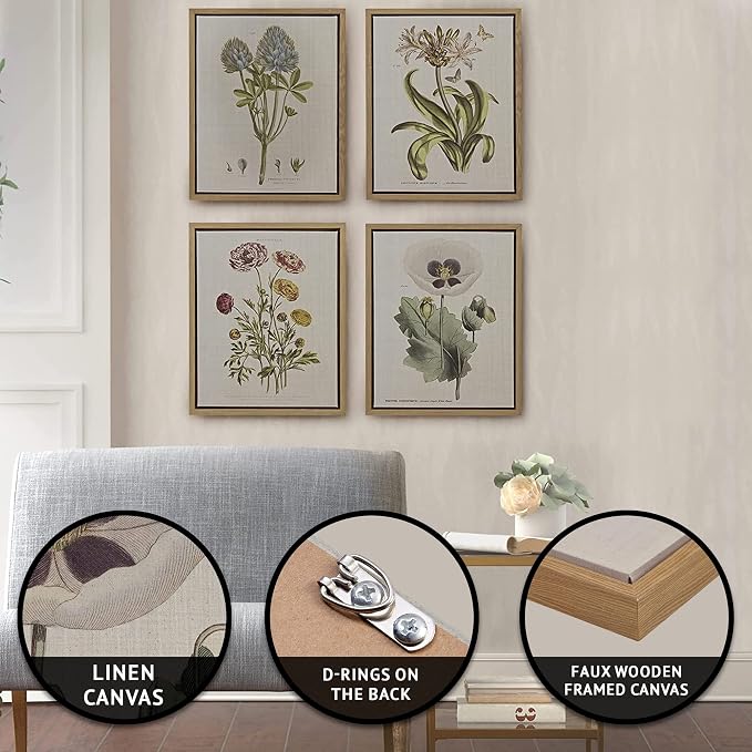 Madison Park Botanical Wall Art Living Room Decor - Vintage Floral Linen Canvas Framed Wall Art Farmhouse Lifestyle Home Office Wall Decor, Ready to Hang Painting for Bedroom, Herbal, Green 4 Piece