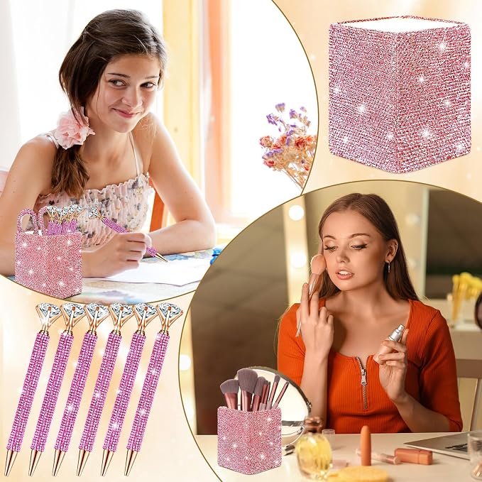 Qilery 8 Pcs Bling Desk Accessories Gift with 1 Bling Pen Holder 6 Pcs Crystal Rhinestone Pens 1 Crystal Scissors Glitter Makeup Brush Holder Valentines Gift Vanity Decor Organizer(Pink)