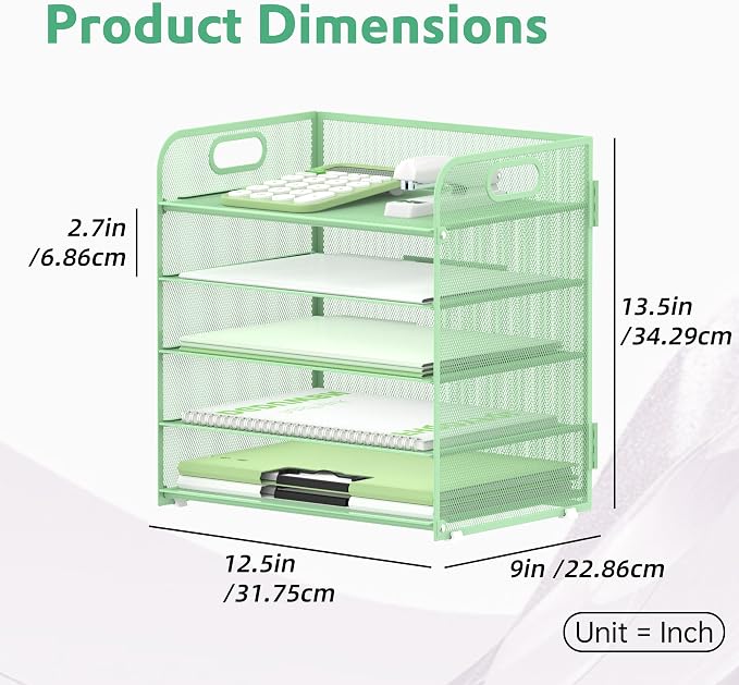5 Trays Paper Organizer Letter Tray with Handle-Mesh Desk File Holders, Paper Sorter Desk Organizer for Office, Home, Classroom or School(Mint Green)