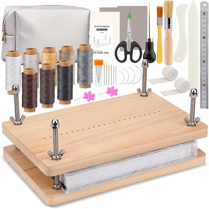 UzecPk Book Binding Kits, Bookbinding Kit 11.8”x7.6” Wooden Book Press | Materials Book Making Kit Bookbinding Supplies with Book Cloth Bone Folder Awl Needles Wax Thread for Bindings Repair