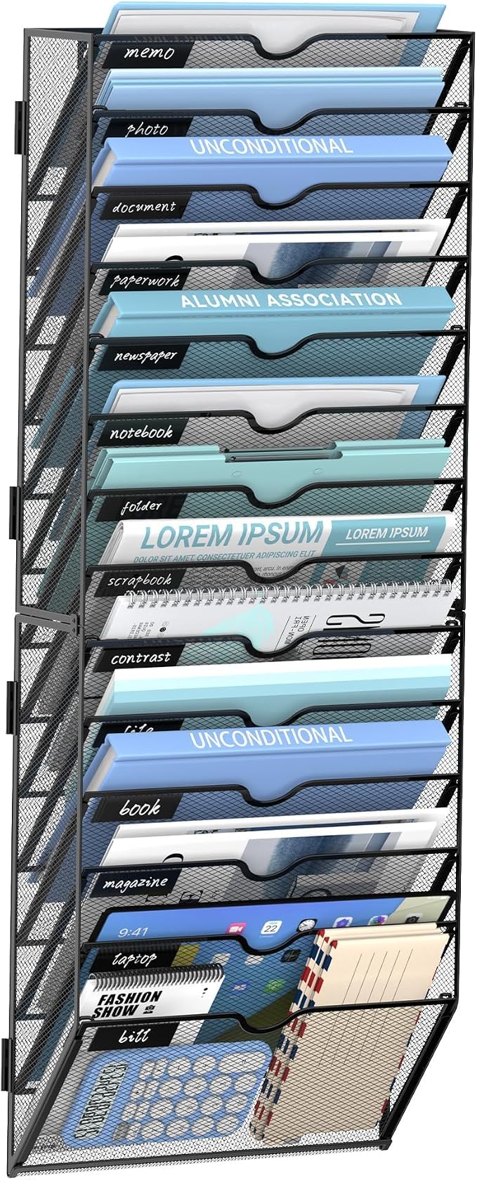14-Tier Wall File Organizer and Hanging File Organizer, Black | Wall Organizer and Wall Mounted File Holder with 14 Pockets and Label Panels for Files, Mail, Folders, Magazines and Paper