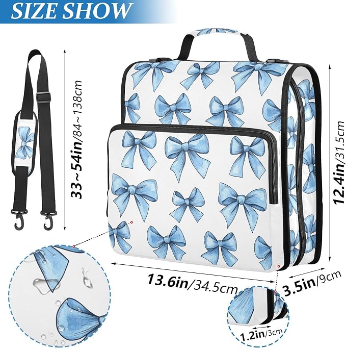 Pretty Blue Bow Zipper Binder with Shoulder Strap Bag 3 Ring Binder Organizer Large Capacity Multiple Compartments for School Office