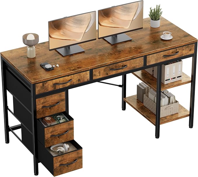 Sweetcrispy 55" Computer Desk with 6 Fabric Drawers & Storage Shelves | Reversible Gaming Desk, Office Desk, Computer Workstation, Corner Desk with Storage, Home Office, Living Room,Rustic Brown