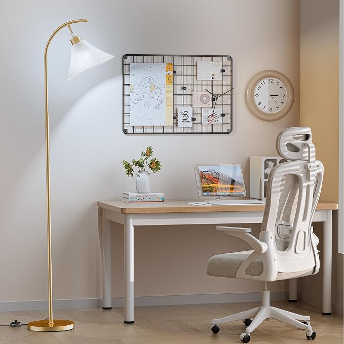 Gold Floor Lamp with Remote, Dimmable Glass Arc Standing Lamp, Ribbed Frosted Glass Shade, 3 Color Temperatures, Foot Switch, 9W LED Bulb for Living Room Bedroom Office