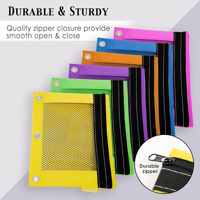 BAZIC PRODUCTS Bright Color 3-Ring Pencil Pouch with Mesh Window | clear mesh window and a zipper closure for pens, pencils, supplies