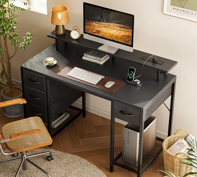 Huuger 47 inch Computer Desk with Power Outlets & 4 Drawers | Gaming Desk with LED Lights, Home Office Desk with Storage Space, Work from Home, Carbon Fibre Black