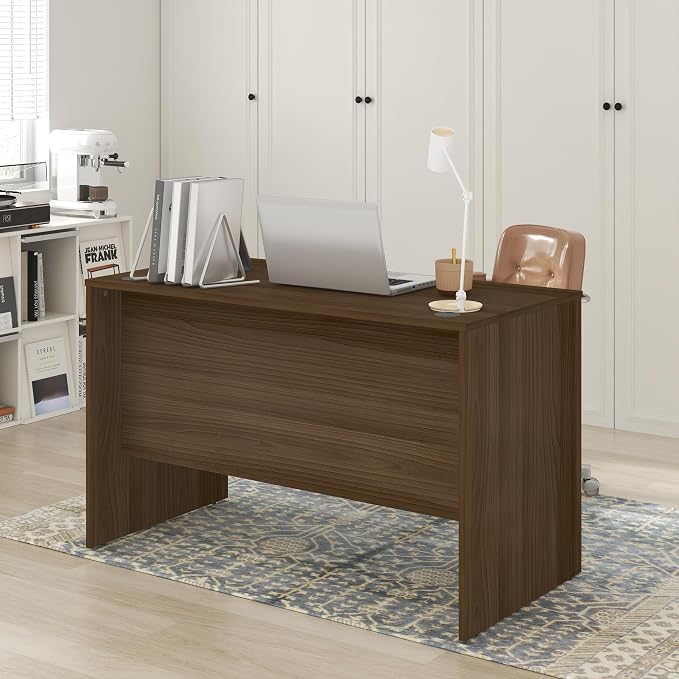 Furinno Roger Computer Desk, 47 Inch Rectangular Executive Desk with Modesty Panel, Home Office Desk with Thick Tabletop, Desk Cord Grommet, Scratchproof, for Home Study, Office, Modern Walnut