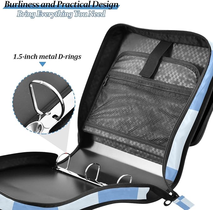 3 Ring Zipper Binder with Shoulder Strap Blue Checkered White Buffalo Plaid 1.5 inch Binders Keeper Large Capacity Multi Pockets for School Office Supplies