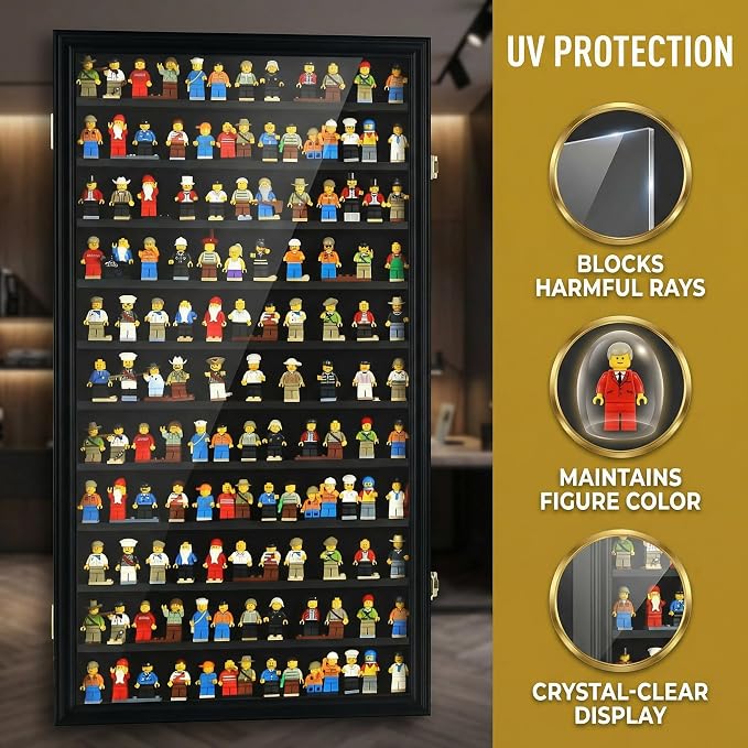 DisplayGifts Building Block Toy Minifigures Miniatures Thimble Display Case Wall Cabinet Standing Plates Included, 2.25" Shelf Height UV Protection Door Black Finish Frame