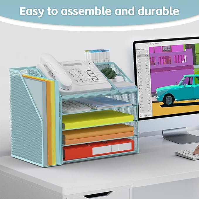 DocNest 5 Tier Metal Mesh Desk File Organizer with Phone Shelf, Blue | Desktop letter tray sorter features a 9.1x9.1 inch top phone holder, built-in sticky note compartment and pen holder